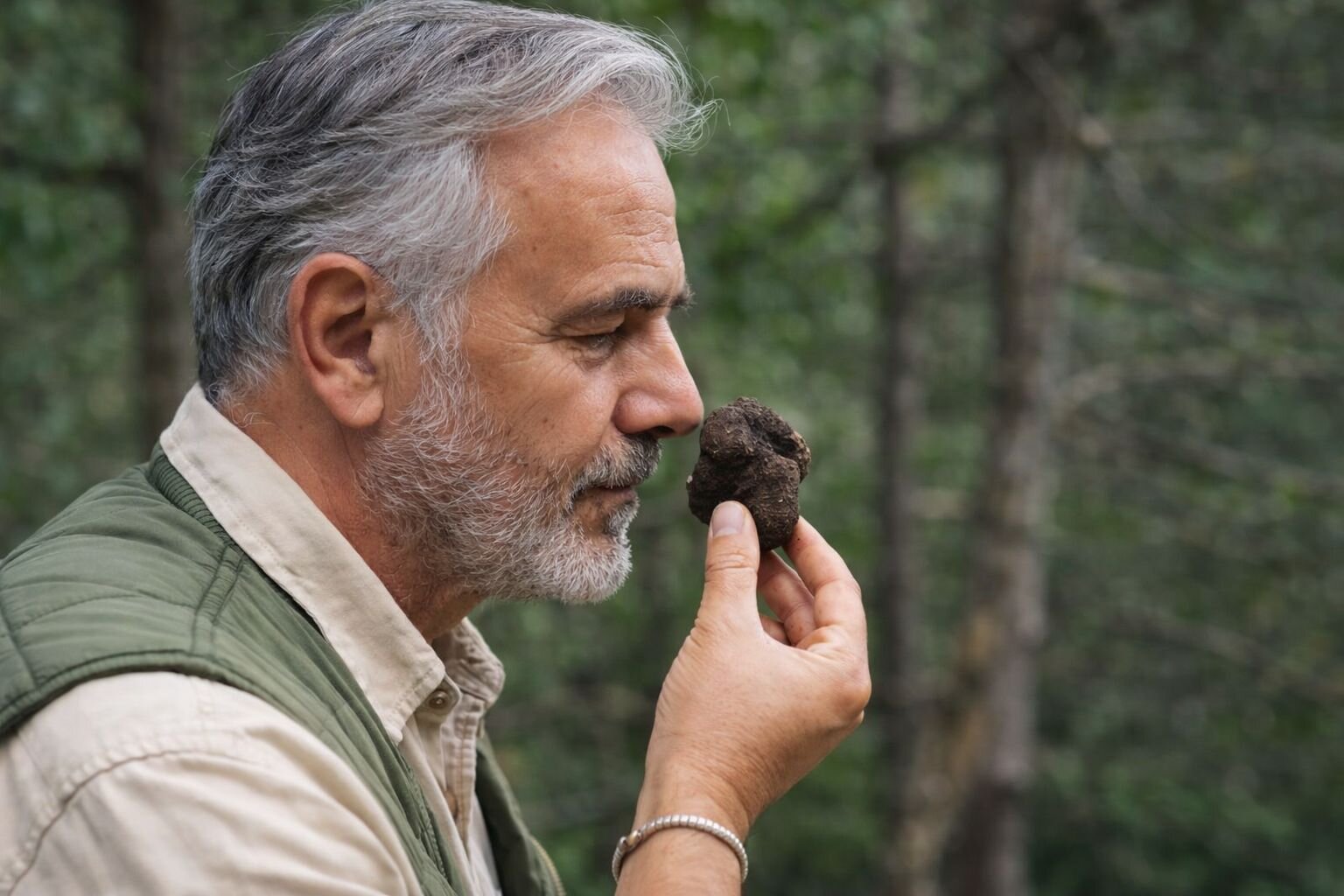 Un signore sente il profumo di un tartufo nero d'Abruzzo | © Generato da IA