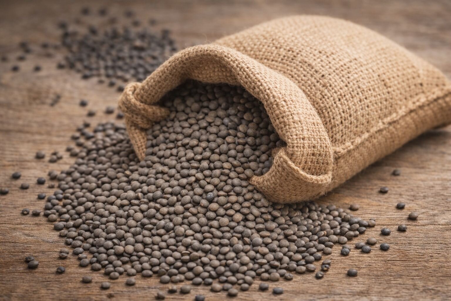 Sacchetto di giuta pieno di lenticchie tipicche abruzzese di Santo Stefano di Sessanio | © Generata da IA