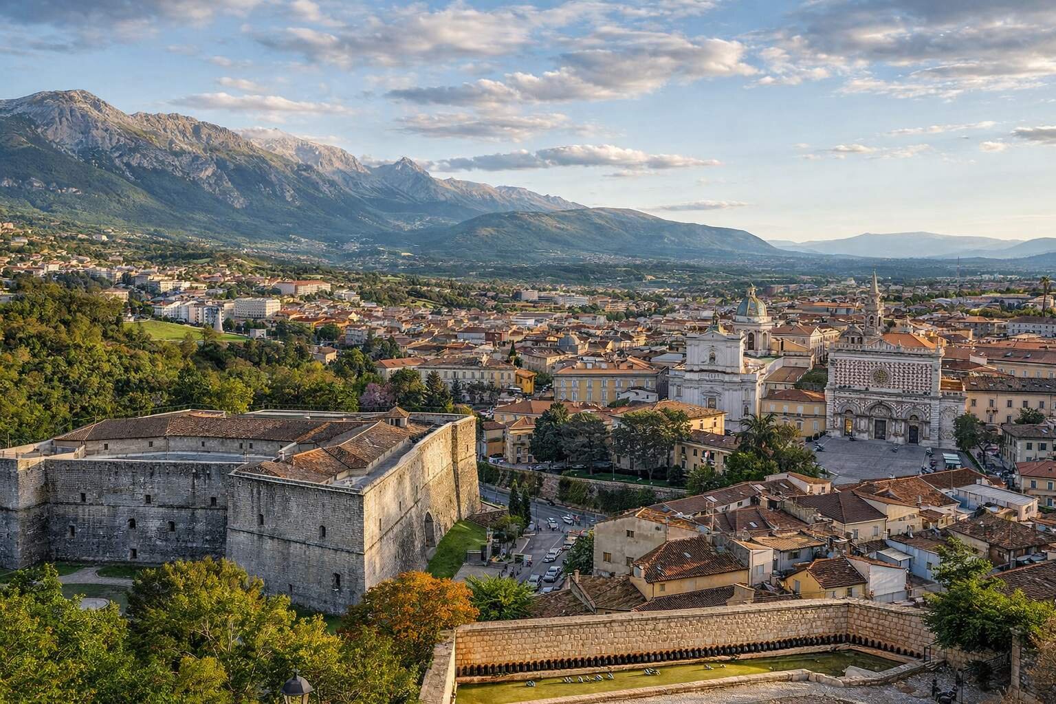 Vista panoramica della città dell'Aquila in Abruzzo | © Generata con IA